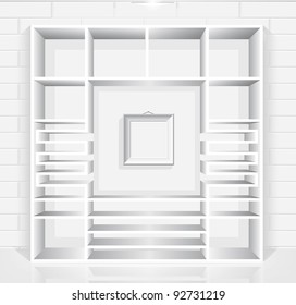 3d empty shelf with a picture frame against brick wall