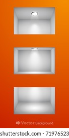 3d Empty shelves for exhibit in the wall. Vector illustration.