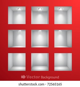 3d Empty shelves for exhibit in the wall. Vector illustration.