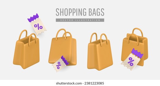 3d bolsa de compra vacía, bolso de mano al estilo de las caricaturas. Descuento, promoción, venta, concepto de compras. Ilustración vectorial.