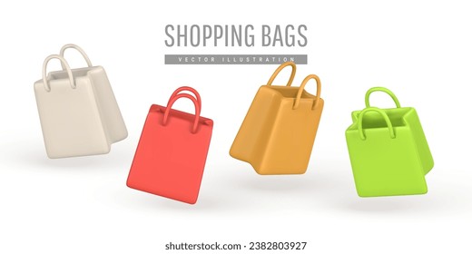 3d empty shopping bag, handbag in cartoon style. Discount, promotion, sale, shopping concept. Vector illustration.