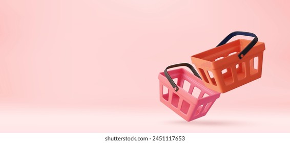 3d Empty shopping baskets on pink background. realistic plastic shopping cart. 3D Rendering. Vector illustration