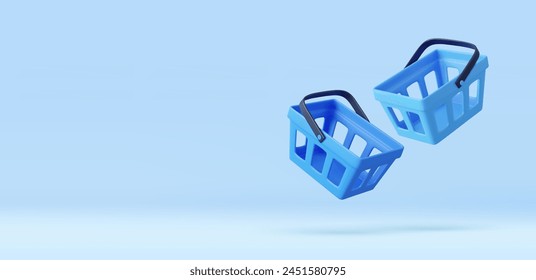 Cestas de la compra 3d vacías sobre fondo azul. Carrito de compras de plástico realista. Procesamiento 3D. Ilustración vectorial