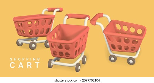3d carros de compras vacíos sobre fondo amarillo. Concepto de compras. Ilustración vectorial.