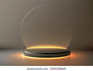 3D empty stage black color circle podium with circle transperent glass backdrop in the center with neon lighting of a soft background in minimal style. Vector illustration