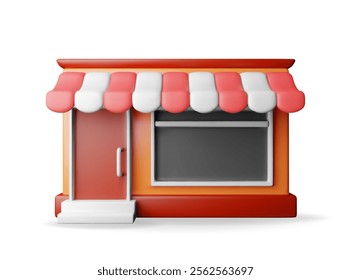 3d empty store front shop with window and door. Render wooden and brick facade. Glass showcase of boutique. European style shop exterior. Commercial property market or supermarket. Vector illustration