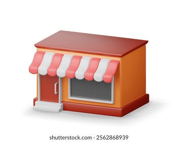 3d empty store front shop with window and door. Render wooden and brick facade. Glass showcase of boutique. European style shop exterior. Commercial property market or supermarket. Vector illustration