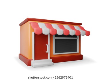 3d empty store front shop with window and door. Render wooden and brick facade. Glass showcase of boutique. European style shop exterior. Commercial property market or supermarket. Vector illustration