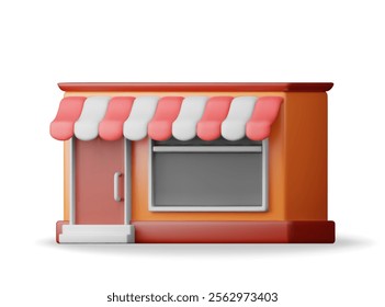 3d empty store front shop with window and door. Render wooden and brick facade. Glass showcase of boutique. European style shop exterior. Commercial property market or supermarket. Vector illustration