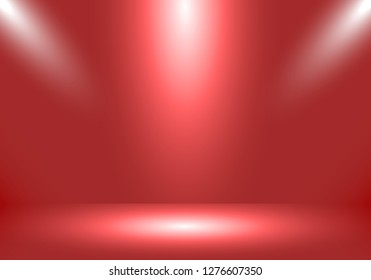 3D empty studio room show booth for designers with spotlight on living coral gradient color background. Display your product or artwork. Vector illustration