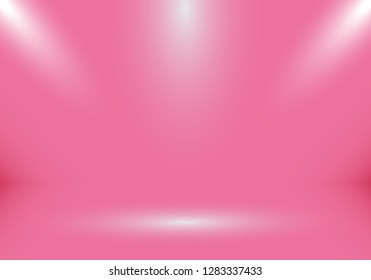 3D empty studio room show booth for designers with spotlight on pink gradient background for valentines day. Display your product or artwork. Vector illustration