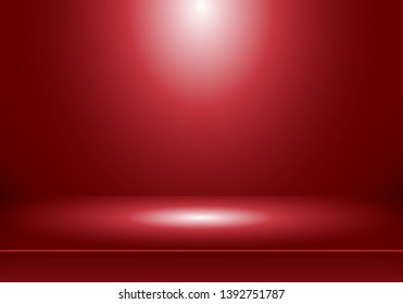 3D empty studio room show booth for designers with spotlight on red gradient background. Display your product or artwork. Vector illustration