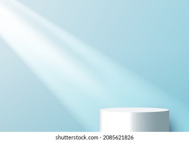 3D empty studio room white cylinder podium  with light shines from the window on soft blue minimal scene background. Vector illustration