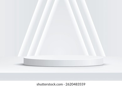 3D Empty Studio wall room with cylinder pedestal podium and lighting minimal backdrop. Display pedestal mockup scene stage for presentation product cosmetic, stand, showcase, exhibition. Vector
