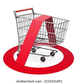 3D empty supermarket shopping cart or the prohibition symbol is placed above it