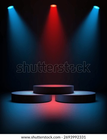 3D empty three cylindrical pedestal on dark stage background, illuminated blue and red spotlights. advertising, showcase technology, product mockups or showroom display for luxury retail