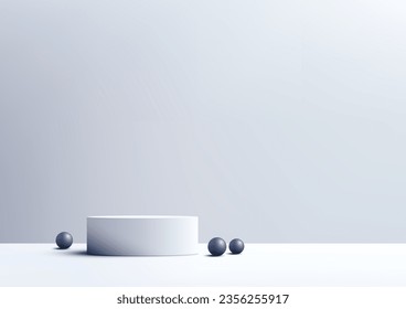 3D of empty white podium with blue balls on a white background is perfect for minimalist product displays, mockups, and showrooms. Vector illustration