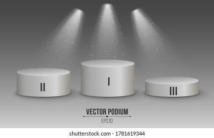 Podio blanco vacío en 3D sobre un fondo gris oscuro. Los números primero, segundo y tercer lugar. Los focos blancos. Ilustración vectorial. EPS 10
