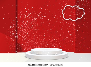 3d Empty white podium on red winter background with snow . Vector illustration. Modern studio room for showcase products on winter background with beautiful snowflakes.