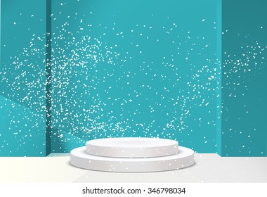 3d Empty white podium on blur winter background with snow . Vector illustration. Blue studio room for showcase products on winter background with beautiful snowflakes.