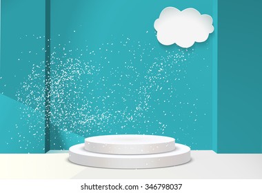 3d Empty white podium on blur winter background with snow . Vector illustration. Blue studio room for showcase products on winter background with beautiful snowflakes.