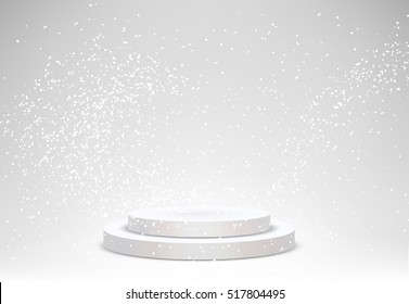 3d Empty white podium on blur winter background with snow . Vector illustration for showcase products on winter background with beautiful snowflakes.