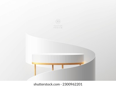 3d empty white room render cylinder pedestal podium or product display stand surrounded geometric shape vector rendering background. stage show cosmetic product. Minimal scene for mockup presentation.