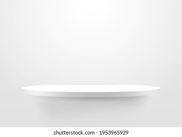 3D empty white shelf on clean wallpaper background. Minimal mockup design for product design presentation, showcase exhibition. Vector illustration