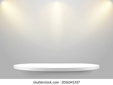 3D empty white shelf on clean wallpaper background with lighting spotlight. Minimal mockup design for product design presentation, showcase exhibition. Vector illustration