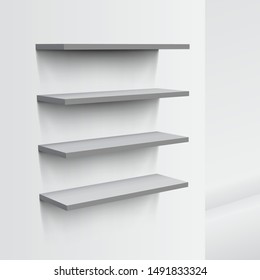 3D Empty White Shop Shelf On Wall. EPS10 Vector