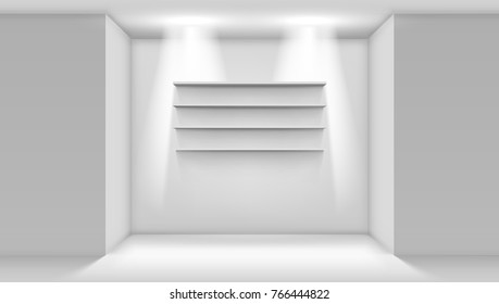 3D Empty White Shop Shelf On Wall. EPS10 Vector