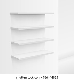 3D Empty White Shop Shelf On Wall. EPS10 Vector