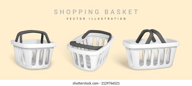 3.ª cesta de compras blanca vacía. Concepto de compras. Ilustración vectorial.