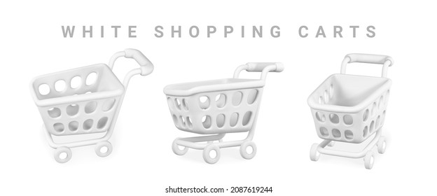 3d empty white shopping carts on a white background. Shopping concept. Vector illustration.