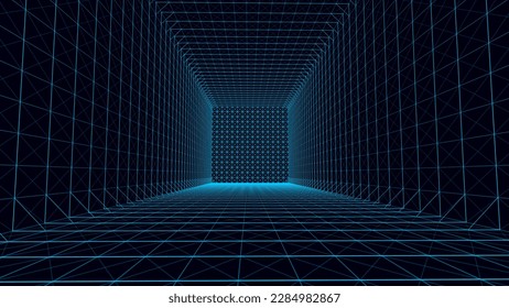 3D empty wireframe room. Virtual surface in cyberspace with grid. Futuristic blue digital perspective box. Vector technology mesh studio.