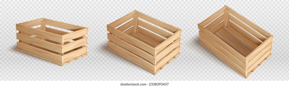 3d empty wooden crate box for fruit or vegetable. Realistic isolated wood basket with timber texture set. Open farm harvest packaging container illustration collection. Warehouse cargo clipart