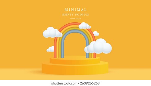 3d empty yellow podium, rainbow, clouds, Fun summer illustration for advertising children's goods, promotional offers, sales. vector illustration.