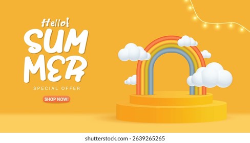 3d empty yellow podium, rainbow, clouds, Fun summer illustration for advertising children's goods, promotional offers, sales. vector illustration.