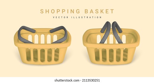 3d empty yellow shopping basket. Shopping concept. Vector illustration.