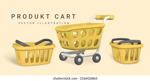 3d empty yellow shopping cart. Shopping concept. Vector illustration.