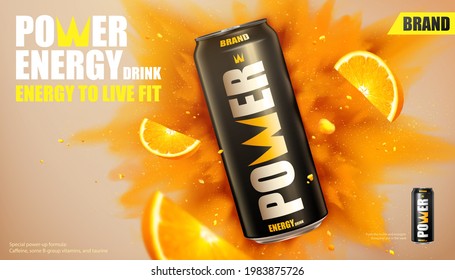 3d energy drink banner ad with explosion effect and citrus slices flying on the orange background