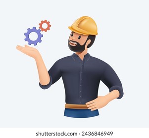 3D Ingeniero o constructor desarrollador industrial. Constructor feliz en hardhat con engranajes. Ingenieros Industriales en Sombrero Duro Discuten Nuevo Proyecto. Fábrica de la industria pesada. Ilustración 3D