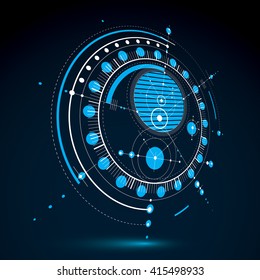 3d engineering technology vector backdrop. Futuristic technical plan in blue color, mechanism. Mechanical scheme, dimensional abstract industrial design can be used as website background.