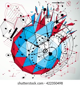 3d engineering technology vector backdrop made using low poly demolished object with refractions and wireframe. Technical abstraction created with Bauhaus retro style design elements.