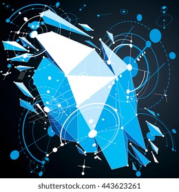 3d engineering technology vector backdrop made using low poly demolished object with refractions and wireframe. Technical abstraction created with Bauhaus retro style design elements.