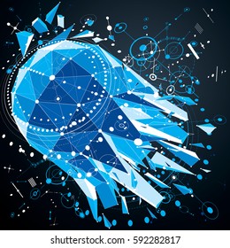 3d engineering technology vector backdrop with low poly demolished object and wireframe. Blue mechanical scheme, dimensional abstract industrial design can be used as website background.