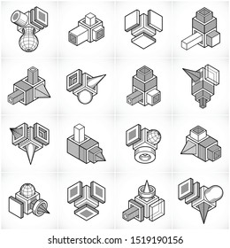 3D engineering vectors, abstract shapes collection.