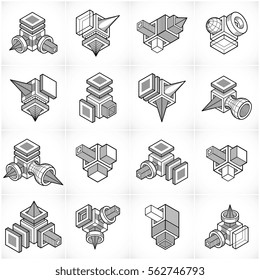 3D engineering vectors, abstract shapes collection.