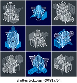 3D engineering vectors, collection of abstract shapes.