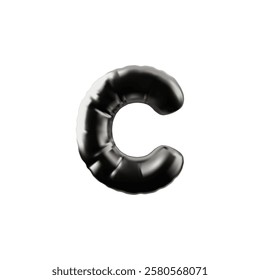 3D English alphabet uppercase letter C from black inflated balloon vector icon. Metallic render typing symbol puffy air figure. Volume chrome Latin consonant font sign. Kid education